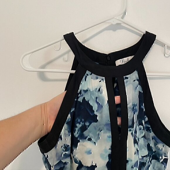 PARKER Nika Keyhole Dress Blue Floral Black Trim Sleeveless SILK Mini Fit Flare - Picture 3 of 12